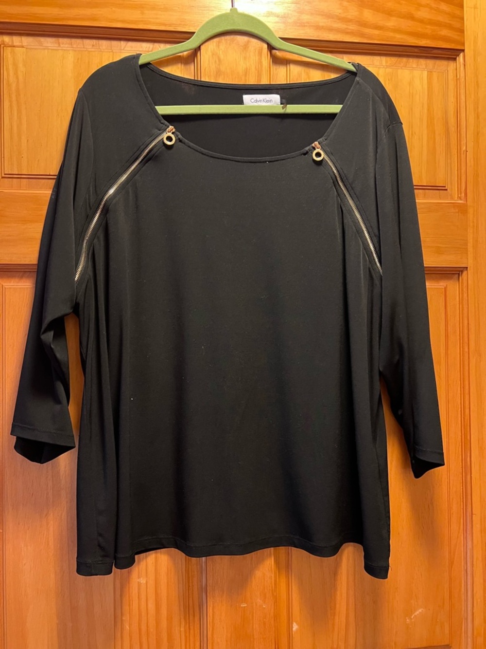 Calvin Klein Black Long-Sleeve Scoop Neck Top with Gold-Tone Zippers